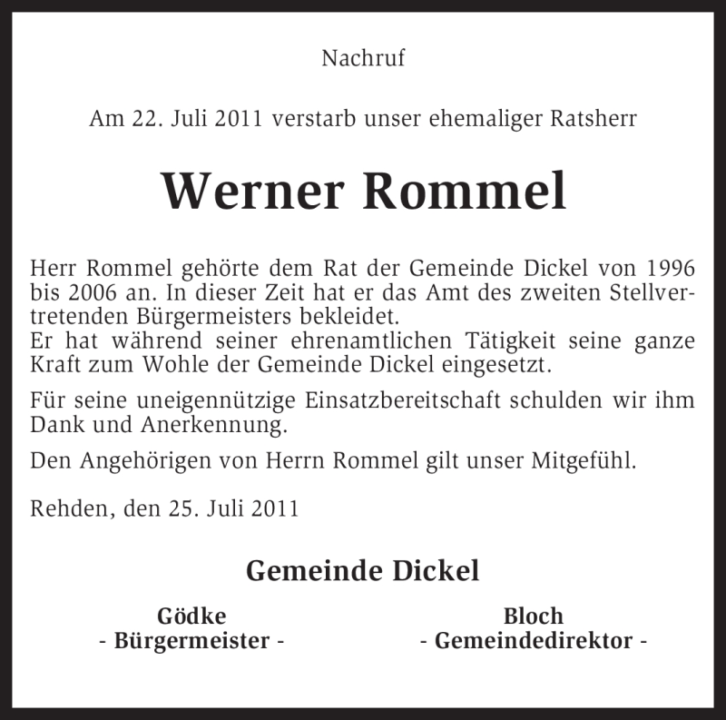  Traueranzeige für Werner Rommel vom 26.07.2011 aus KREISZEITUNG SYKE