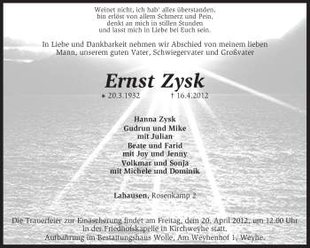 Traueranzeige von Ernst Zysk von KREISZEITUNG SYKE