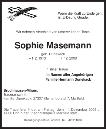 Traueranzeige von Sophie Masemann von KREISZEITUNG SYKE