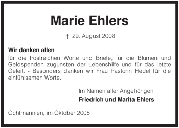 Traueranzeige von Marie Ehlers von KREISZEITUNG SYKE