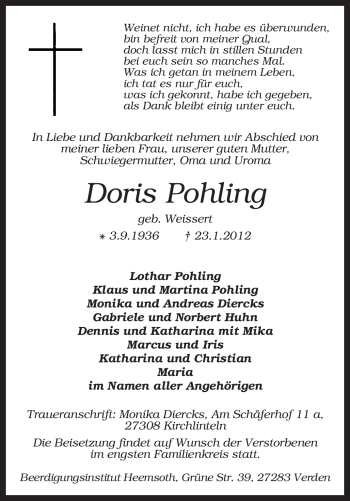 Traueranzeige von Doris Pohling von KREISZEITUNG SYKE