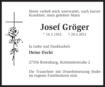 Traueranzeige von Josef Gröger von KREISZEITUNG SYKE
