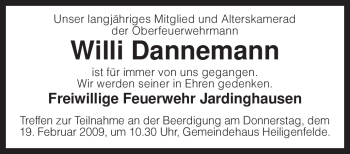 Traueranzeige von Willi Dannemann von KREISZEITUNG SYKE