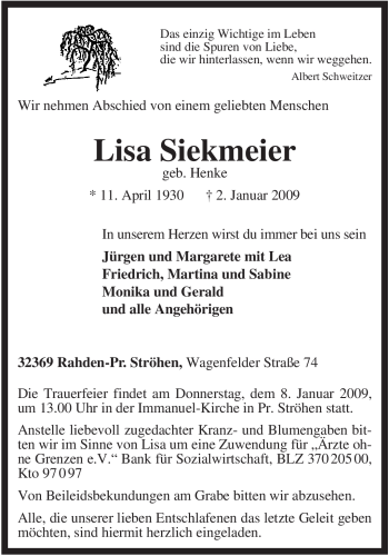 Traueranzeige von Lisa Siekmeier von KREISZEITUNG SYKE