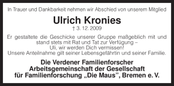 Traueranzeige von Ulrich Kronies von KREISZEITUNG SYKE