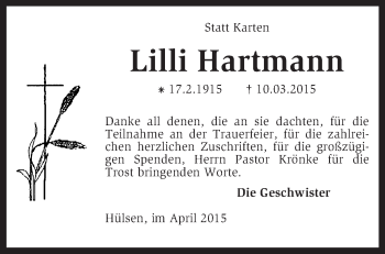 Traueranzeige von Lilli Hartmann von KRZ