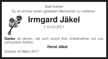 Traueranzeige von Irmgard Jäkel von KREISZEITUNG SYKE