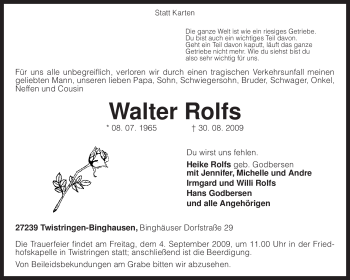 Traueranzeige von Walter Rolfs von KREISZEITUNG SYKE