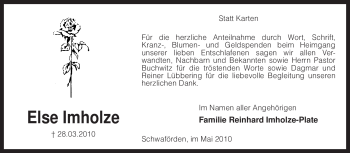 Traueranzeige von Else Imholze von KREISZEITUNG SYKE