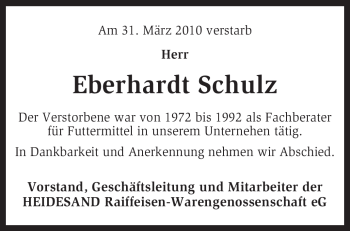 Traueranzeige von Eberhardt Schulz von KREISZEITUNG SYKE