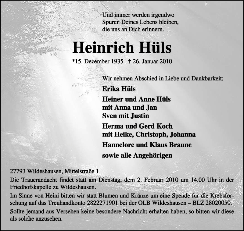  Traueranzeige für Heinrich Hüls vom 28.01.2010 aus KREISZEITUNG SYKE