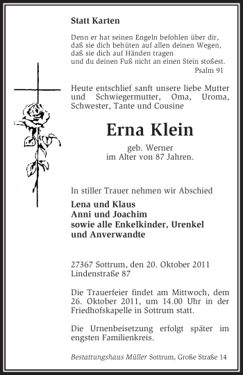 Traueranzeige von Erna Klein von KREISZEITUNG SYKE