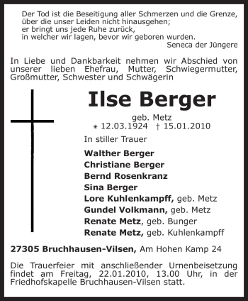 Traueranzeige von Ilse Berger von KREISZEITUNG SYKE