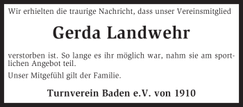 Traueranzeige von Gerda Landwehr von KREISZEITUNG SYKE