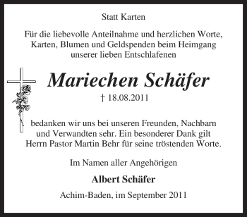 Traueranzeige von Mariechen Schäfer von KREISZEITUNG SYKE