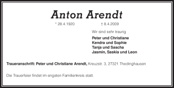 Traueranzeige von Anton Arendt von KREISZEITUNG SYKE