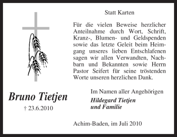 Traueranzeige von Bruno Tietjen von KREISZEITUNG SYKE