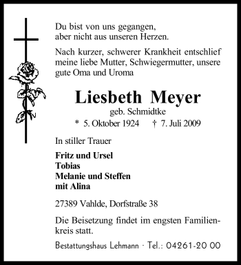 Traueranzeige von Liesbeth Meyer von KREISZEITUNG SYKE