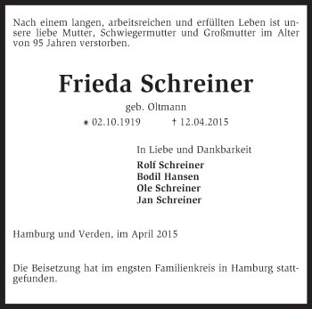 Traueranzeige von Frieda Schreiner von KRZ