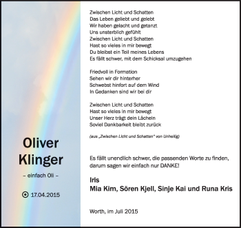 Traueranzeige von Oliver Klinger von KRZ