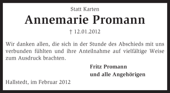 Traueranzeige von Annemarie Promann von KREISZEITUNG SYKE