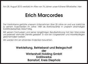 Traueranzeige von Erich Marcordes von KREISZEITUNG SYKE