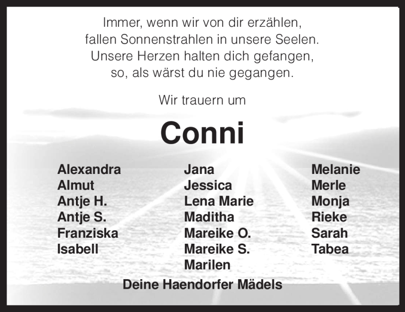  Traueranzeige für Conni Unbekannt vom 23.06.2010 aus KREISZEITUNG SYKE