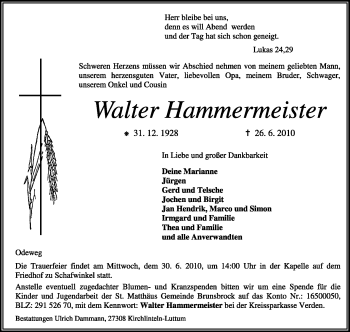 Traueranzeige von Walter Hammermeister von KREISZEITUNG SYKE