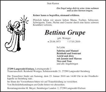 Traueranzeige von Bettina Grupe von KREISZEITUNG SYKE