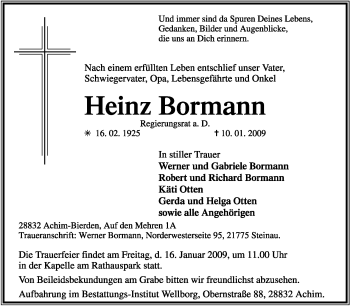 Traueranzeige von Heinz Bormann von KREISZEITUNG SYKE