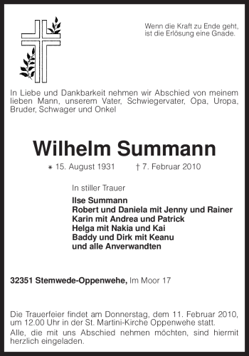 Traueranzeige von Wilhelm Summann von KREISZEITUNG SYKE