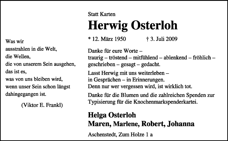  Traueranzeige für Herwig Osterloh vom 08.08.2009 aus KREISZEITUNG SYKE