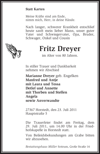 Traueranzeige von Fritz Dreyer von KREISZEITUNG SYKE