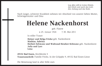 Traueranzeige von Helene Nackenhorst von KREISZEITUNG SYKE