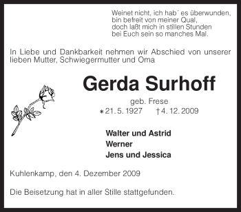 Traueranzeige von Gerda Surhoff von KREISZEITUNG SYKE