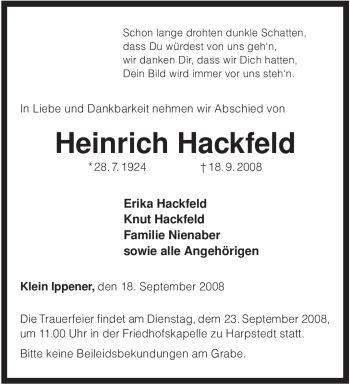 Traueranzeige von Heinrich Hackfeld von KREISZEITUNG SYKE