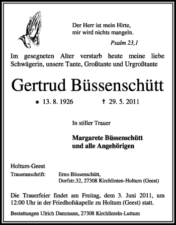 Traueranzeige von Gertrud Büssenschütt von KREISZEITUNG SYKE