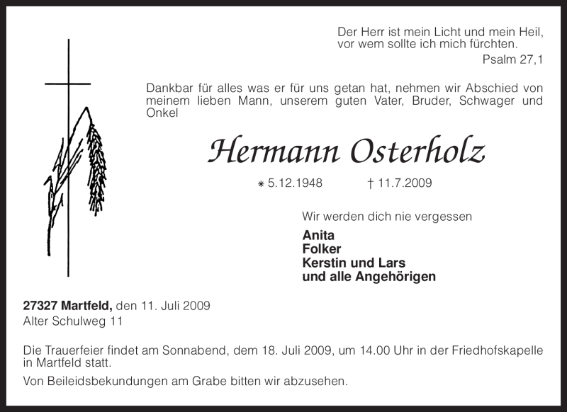  Traueranzeige für Hermann Osterholz vom 14.07.2009 aus KREISZEITUNG SYKE