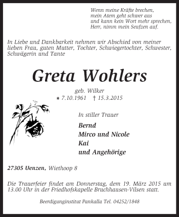 Traueranzeige von Greta Wohlers von KRZ