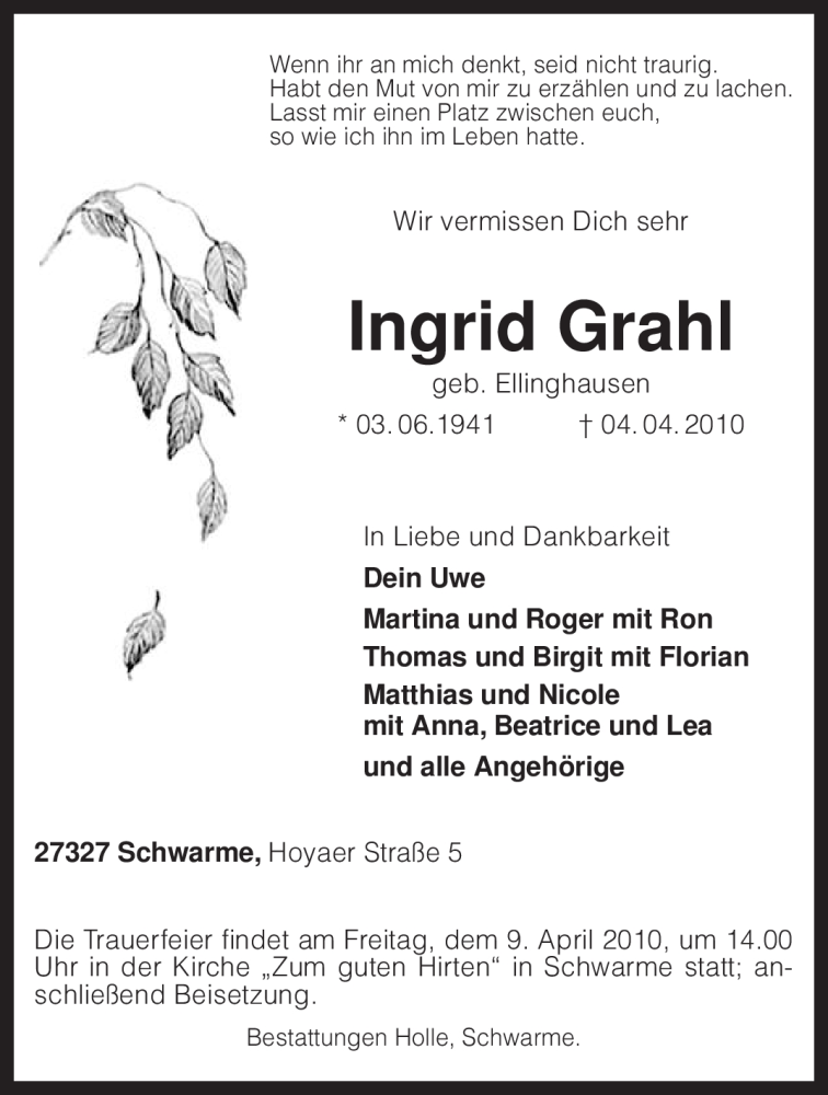  Traueranzeige für Ingrid Grahl vom 07.04.2010 aus KREISZEITUNG SYKE