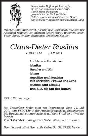 Traueranzeige von Claus-Dieter Rosilius von KREISZEITUNG SYKE