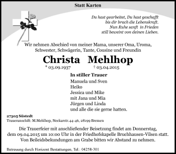 Traueranzeige von Christa Mehlhop von KRZ