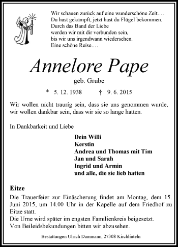 Traueranzeige von Annelore Pape von KRZ