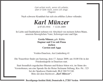 Traueranzeige von Karl Münzer von KREISZEITUNG SYKE