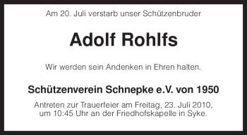 Traueranzeige von Adolf Rohlfs von KREISZEITUNG SYKE