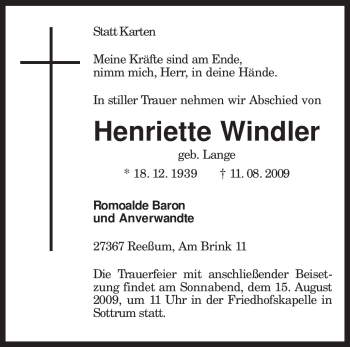 Traueranzeige von Henriette Windler von KREISZEITUNG SYKE