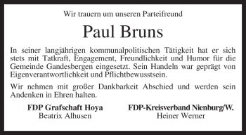 Traueranzeige von Paul Bruns von KREISZEITUNG SYKE