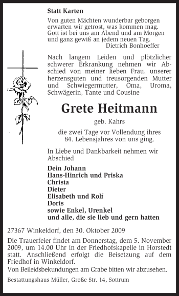 Traueranzeige von Grete Heitmann von KREISZEITUNG SYKE