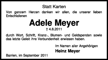 Traueranzeige von Adele Meyer von KREISZEITUNG SYKE