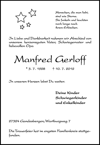 Traueranzeige von Manfred Gerloff von KREISZEITUNG SYKE